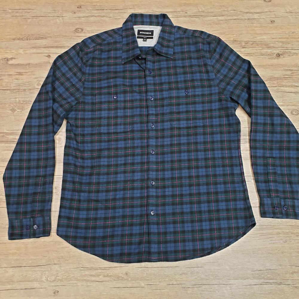 Bonobos Shirt Mens XL Blue Plaid Long Sleeve Flannel Slim Fit Button Up Casual